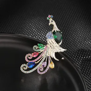 Luxury Colored Copper Inlaid Cubic Zirconia Peacock Brooch Women