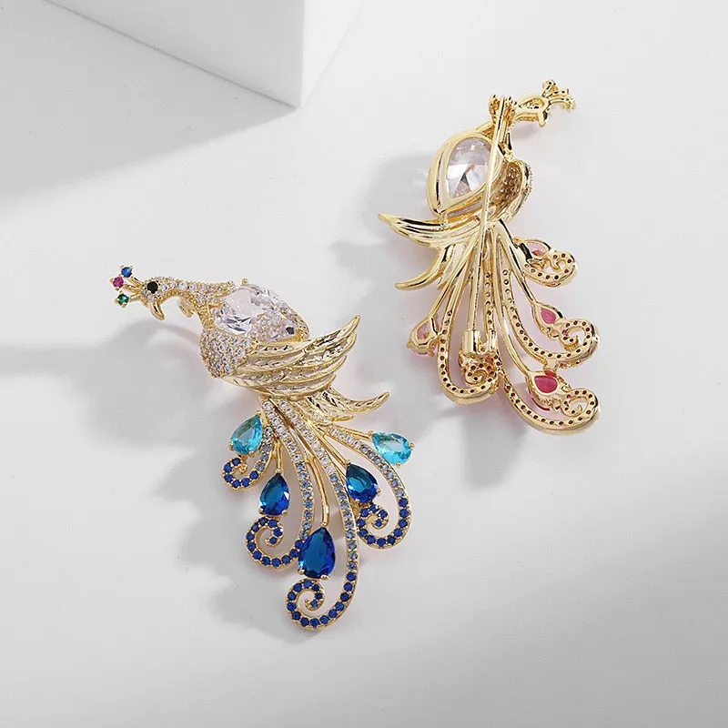 Luxury Colored Copper Inlaid Cubic Zirconia Peacock Brooch Women