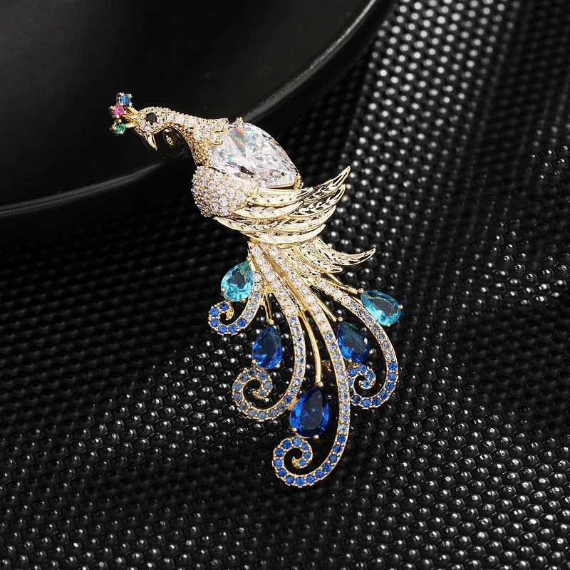 Luxury Colored Copper Inlaid Cubic Zirconia Peacock Brooch Women