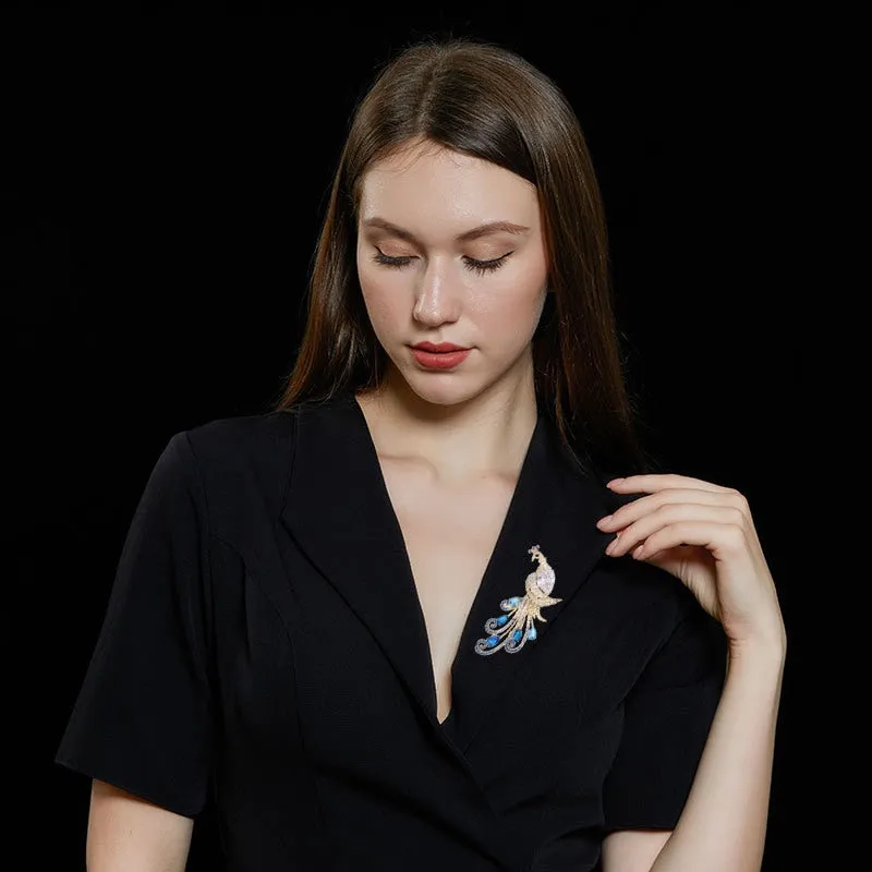 Luxury Colored Copper Inlaid Cubic Zirconia Peacock Brooch Women