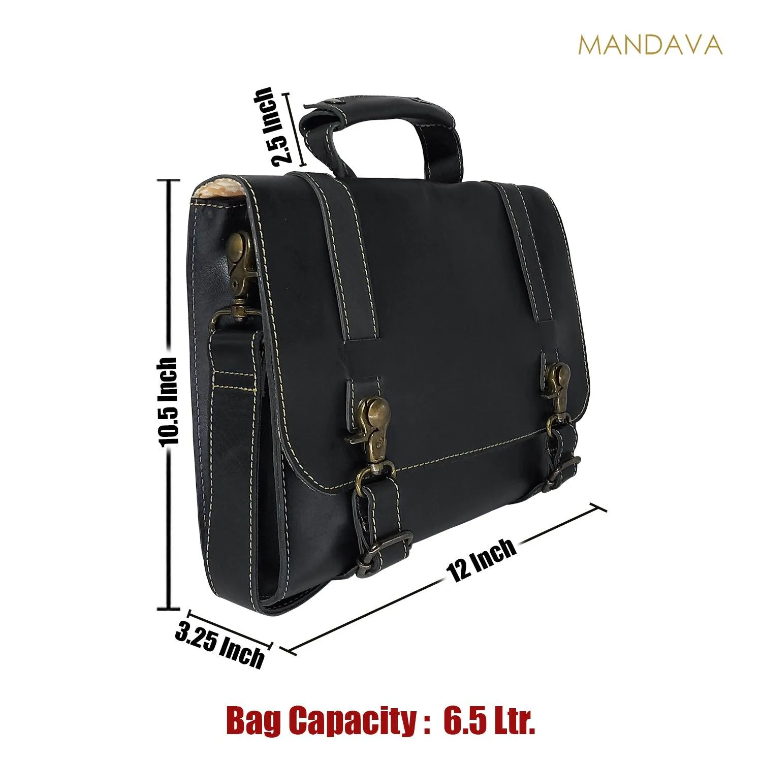 MANDAVA Genuine Leather Unisex Flap Over Messenger Shoulder Bag (Black)