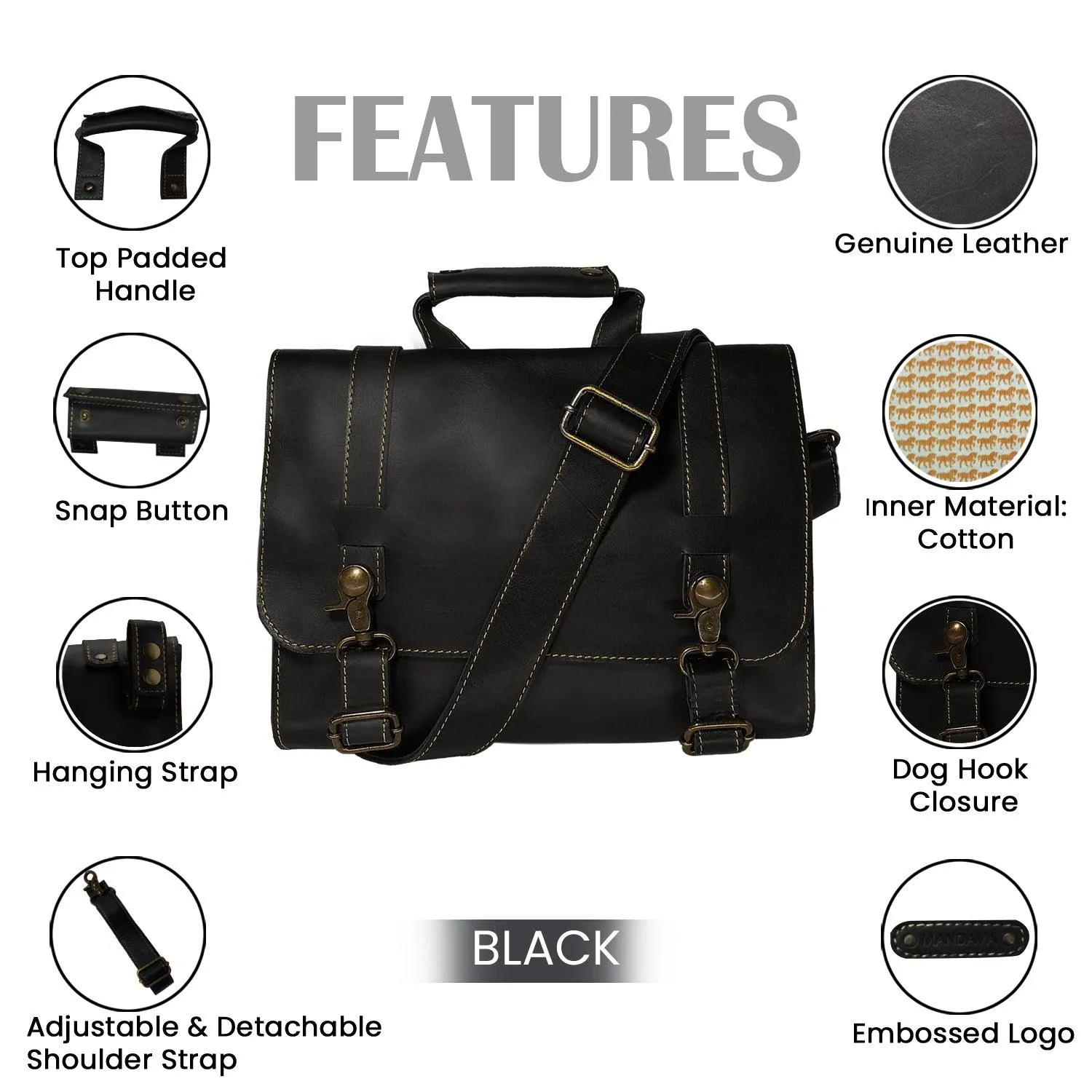 MANDAVA Genuine Leather Unisex Flap Over Messenger Shoulder Bag (Black)