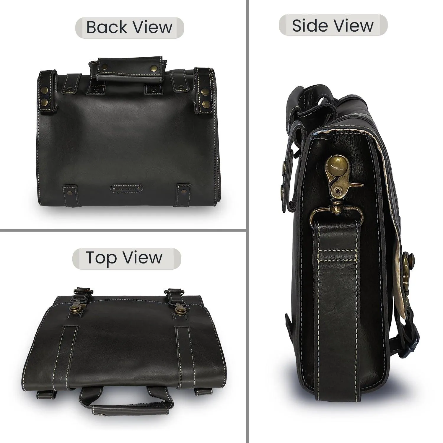 MANDAVA Genuine Leather Unisex Flap Over Messenger Shoulder Bag (Black)