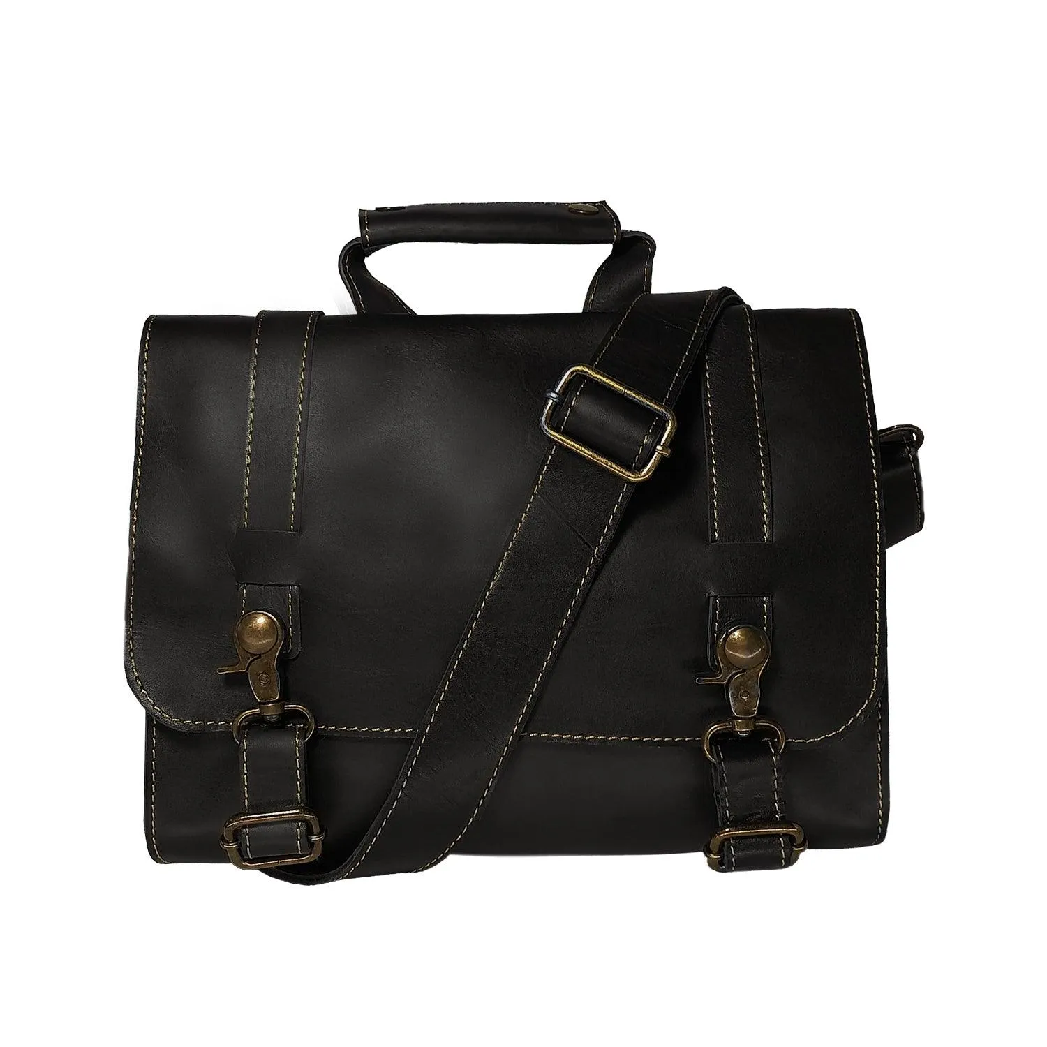 MANDAVA Genuine Leather Unisex Flap Over Messenger Shoulder Bag (Black)