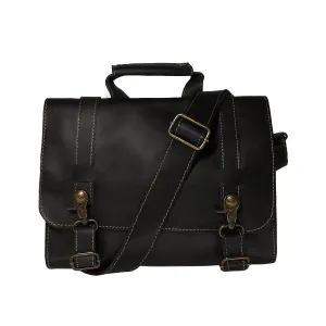 MANDAVA Genuine Leather Unisex Flap Over Messenger Shoulder Bag (Black)