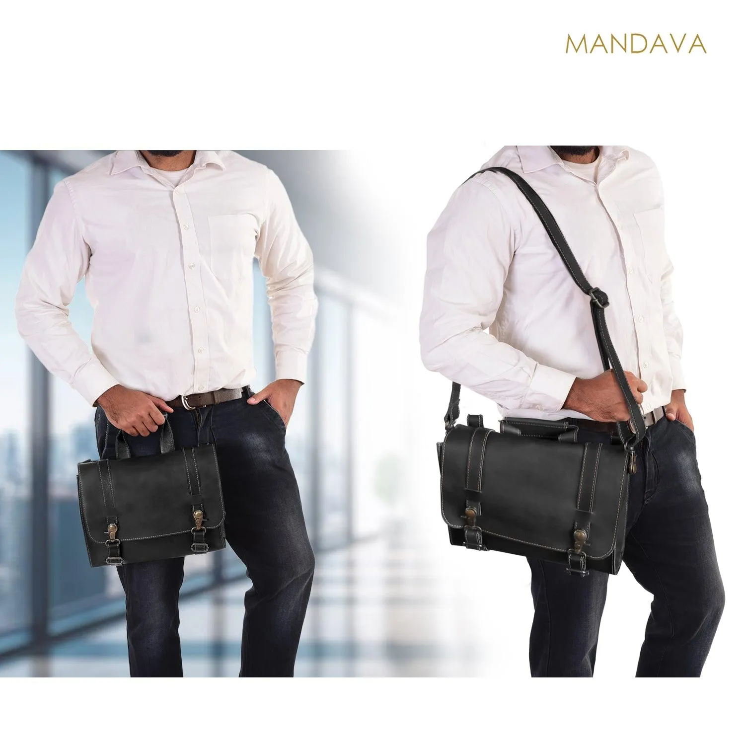 MANDAVA Genuine Leather Unisex Flap Over Messenger Shoulder Bag (Black)