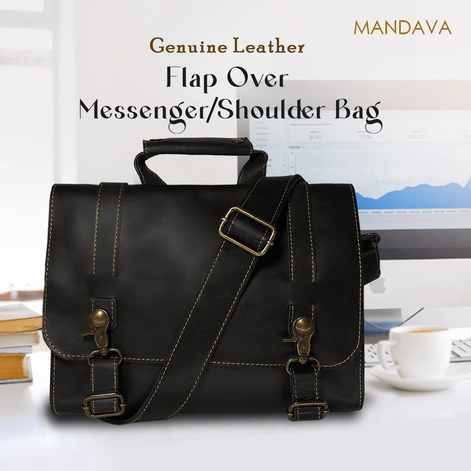 MANDAVA Genuine Leather Unisex Flap Over Messenger Shoulder Bag (Black)