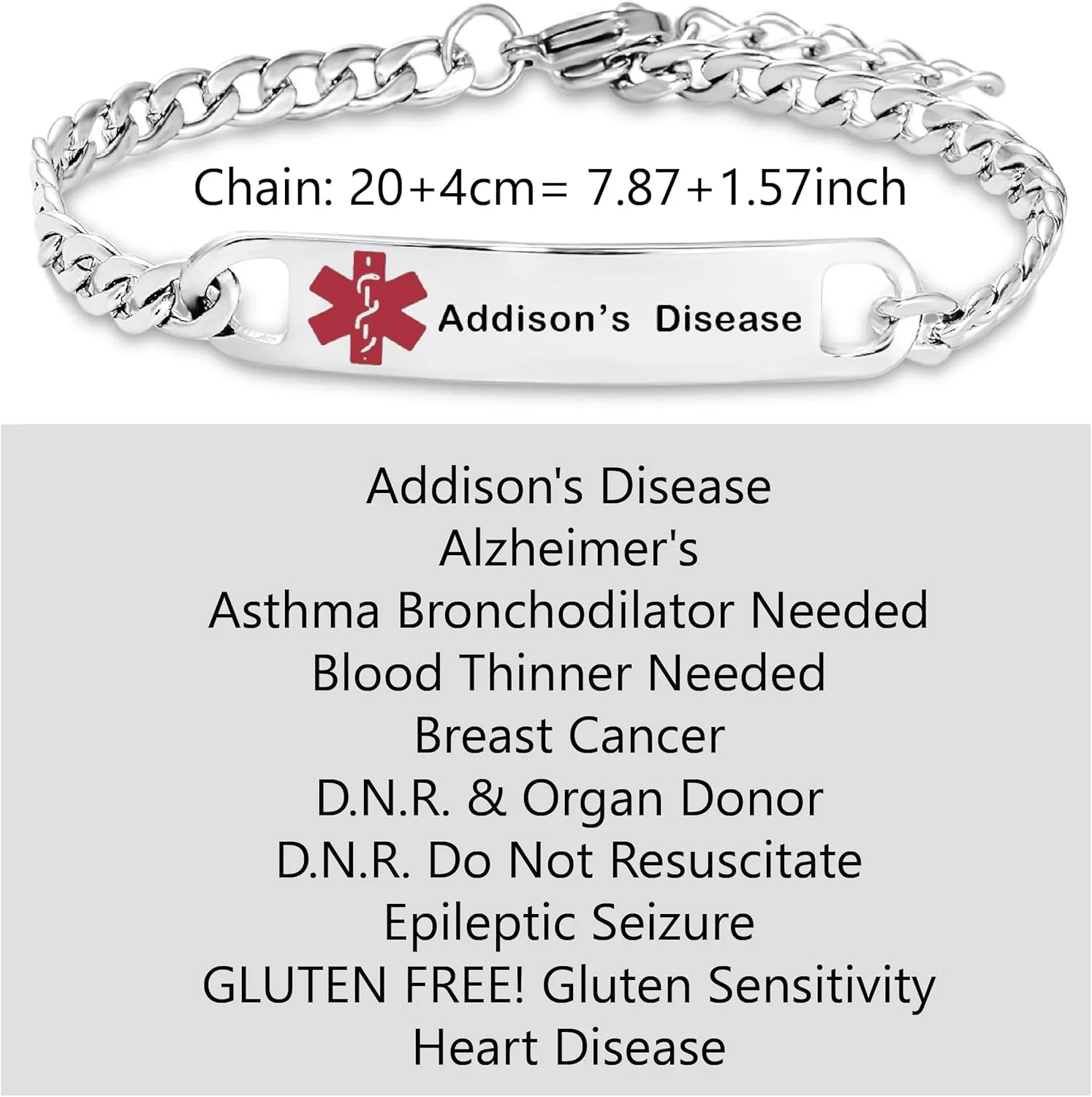 Medical Alert Seizure Addison Diabete Bracelets for Women Mens Emergency Health First Aid Bracelets for Family Adjustable Stainless Steel Jewelry