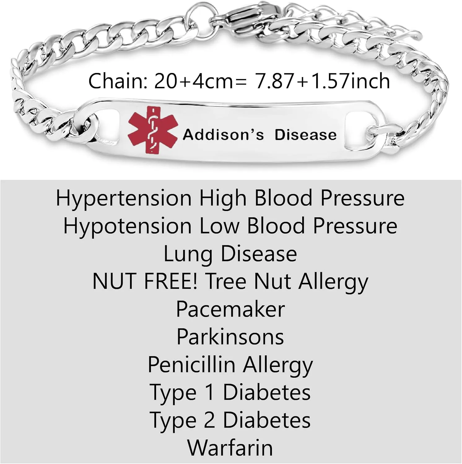 Medical Alert Seizure Addison Diabete Bracelets for Women Mens Emergency Health First Aid Bracelets for Family Adjustable Stainless Steel Jewelry