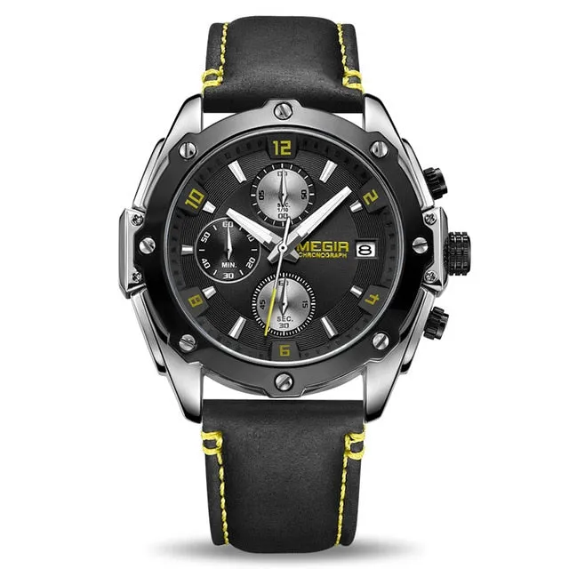MEGIR Chronograph Men Wristwatch   Blue Leather Business