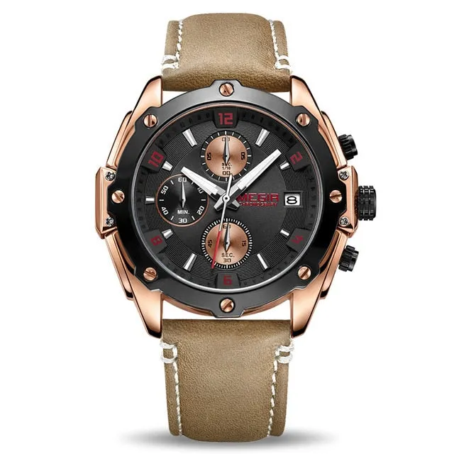 MEGIR Chronograph Men Wristwatch   Blue Leather Business