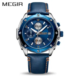 MEGIR Chronograph Men Wristwatch   Blue Leather Business