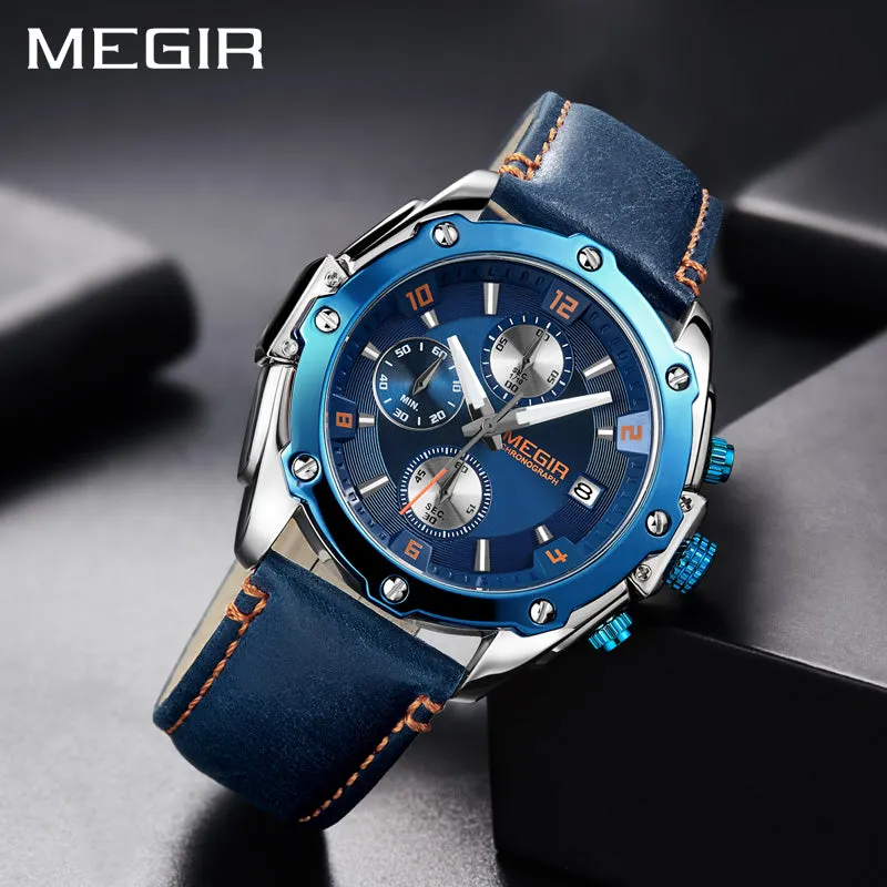 MEGIR Chronograph Men Wristwatch   Blue Leather Business