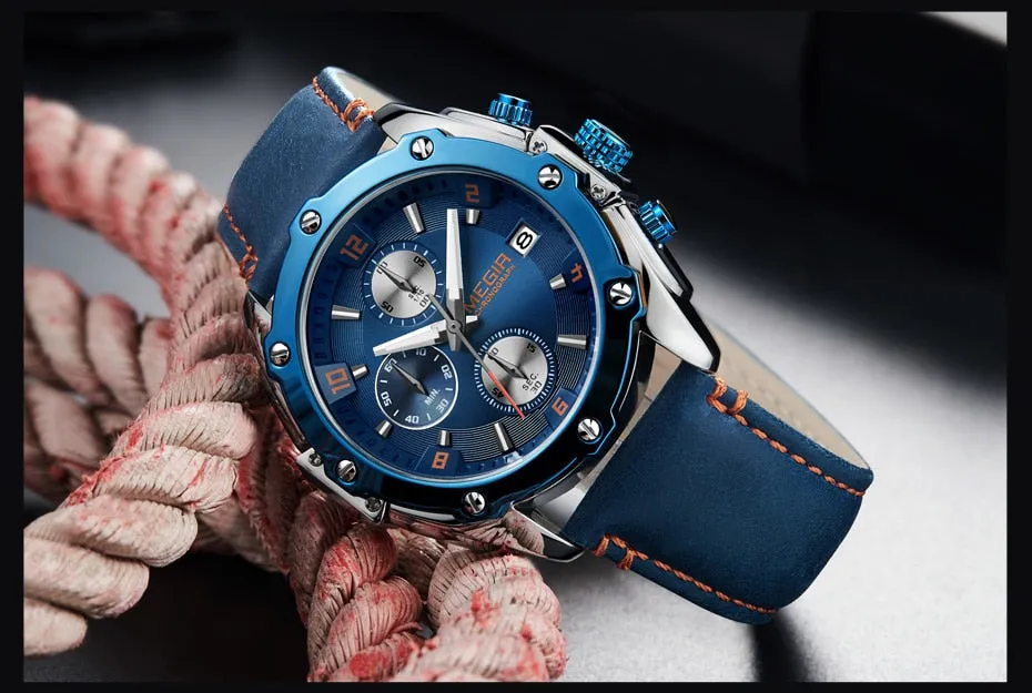 MEGIR Chronograph Men Wristwatch   Blue Leather Business