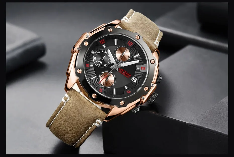 MEGIR Chronograph Men Wristwatch   Blue Leather Business