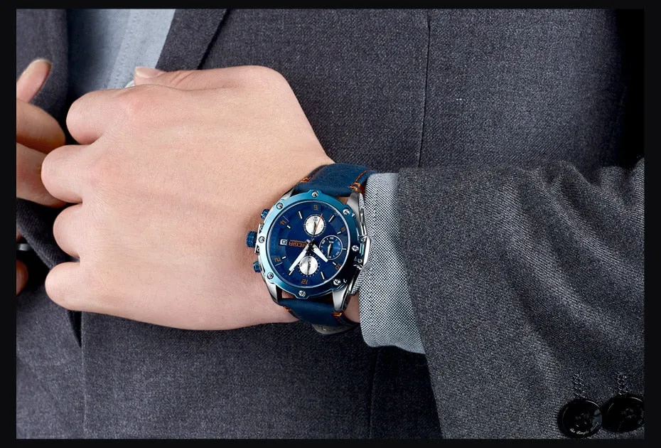MEGIR Chronograph Men Wristwatch   Blue Leather Business
