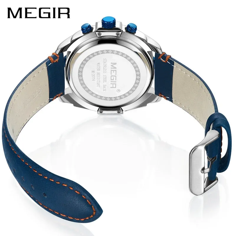 MEGIR Chronograph Men Wristwatch   Blue Leather Business