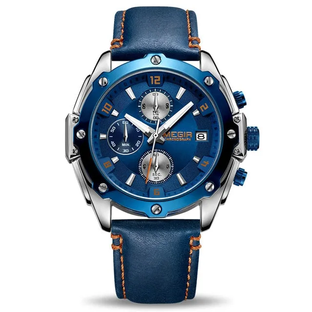 MEGIR Chronograph Men Wristwatch   Blue Leather Business