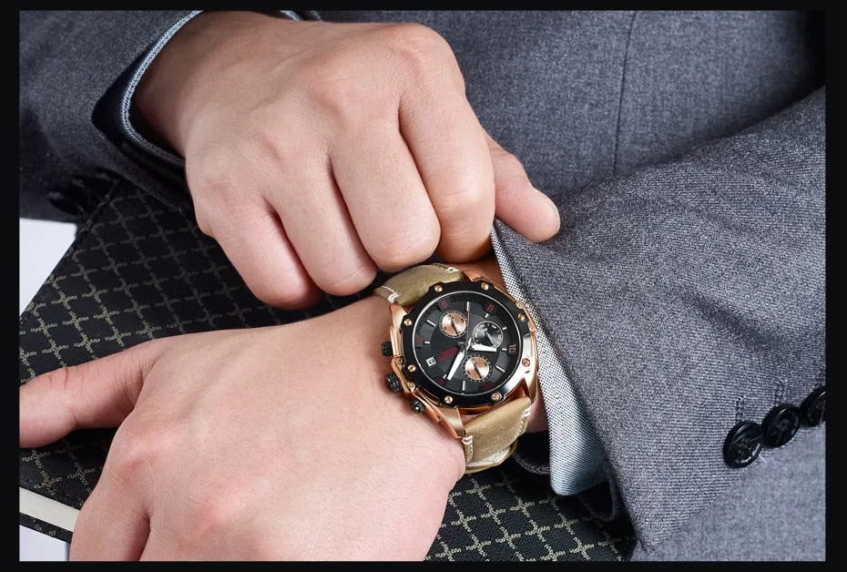 MEGIR Chronograph Men Wristwatch   Blue Leather Business