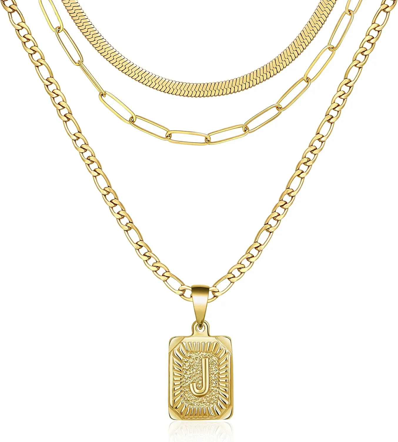 Memgift Gold Layered Necklace Set 3 PCS for Women Girls Dainty Trendy Paperclip Snake Choker Gold Filled Stainless Steel Figaro Chain Layering Necklaces Jewelry Gifts Square Pendant Letter A-Z