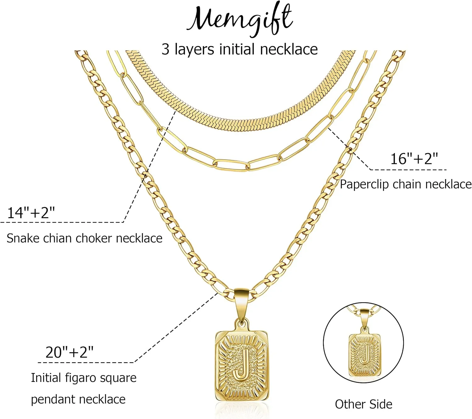 Memgift Gold Layered Necklace Set 3 PCS for Women Girls Dainty Trendy Paperclip Snake Choker Gold Filled Stainless Steel Figaro Chain Layering Necklaces Jewelry Gifts Square Pendant Letter A-Z