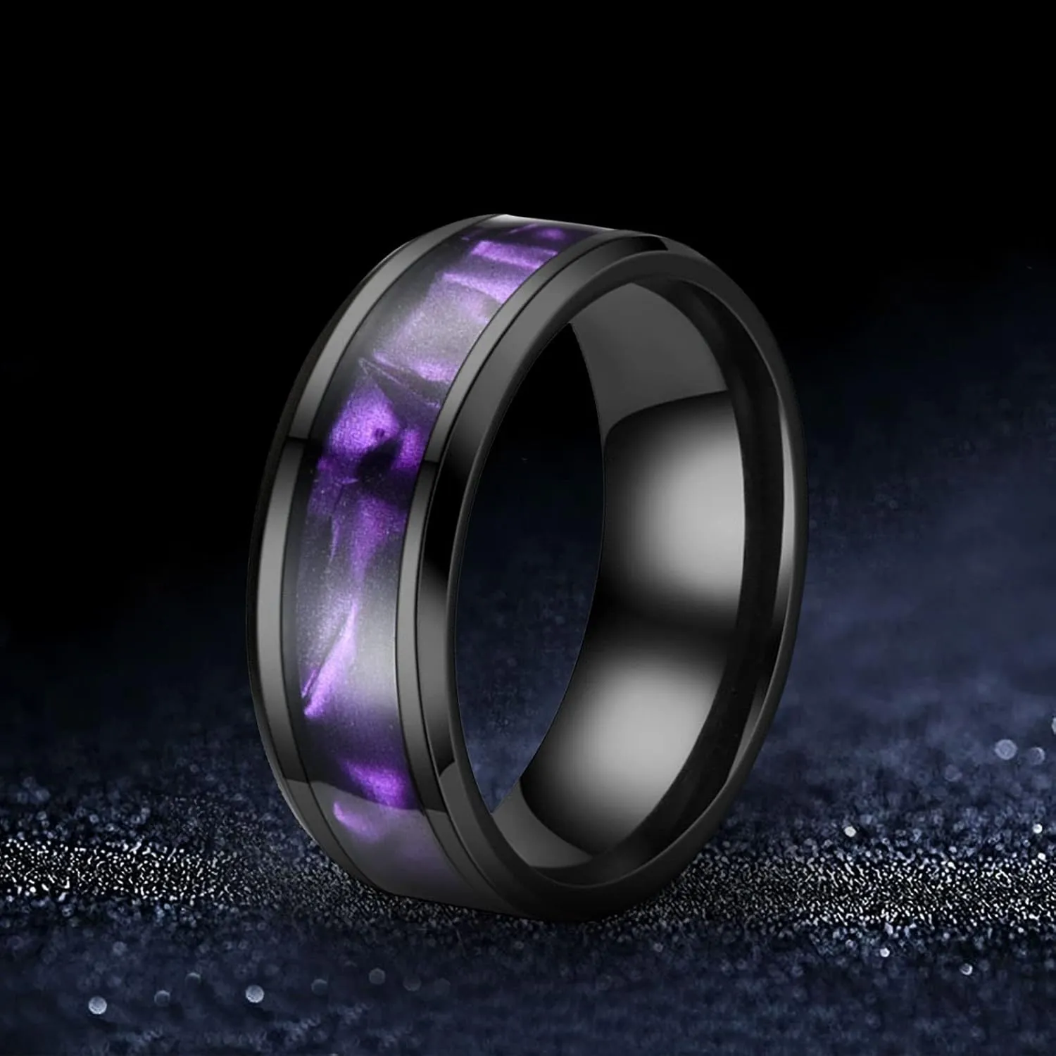 Mens Black Carbon Fiber Inlay Tungsten Carbide Ring Camouflage Polished Finish Edges Comfort Fit Wedding Band for
