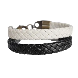 Men's Bracelet Set, 2pc Wide Stack Braided Black and White Vegan Faux Leather Bracelets for Man, Minimalist Boho Hippie Jewelry for Guys by Magoo