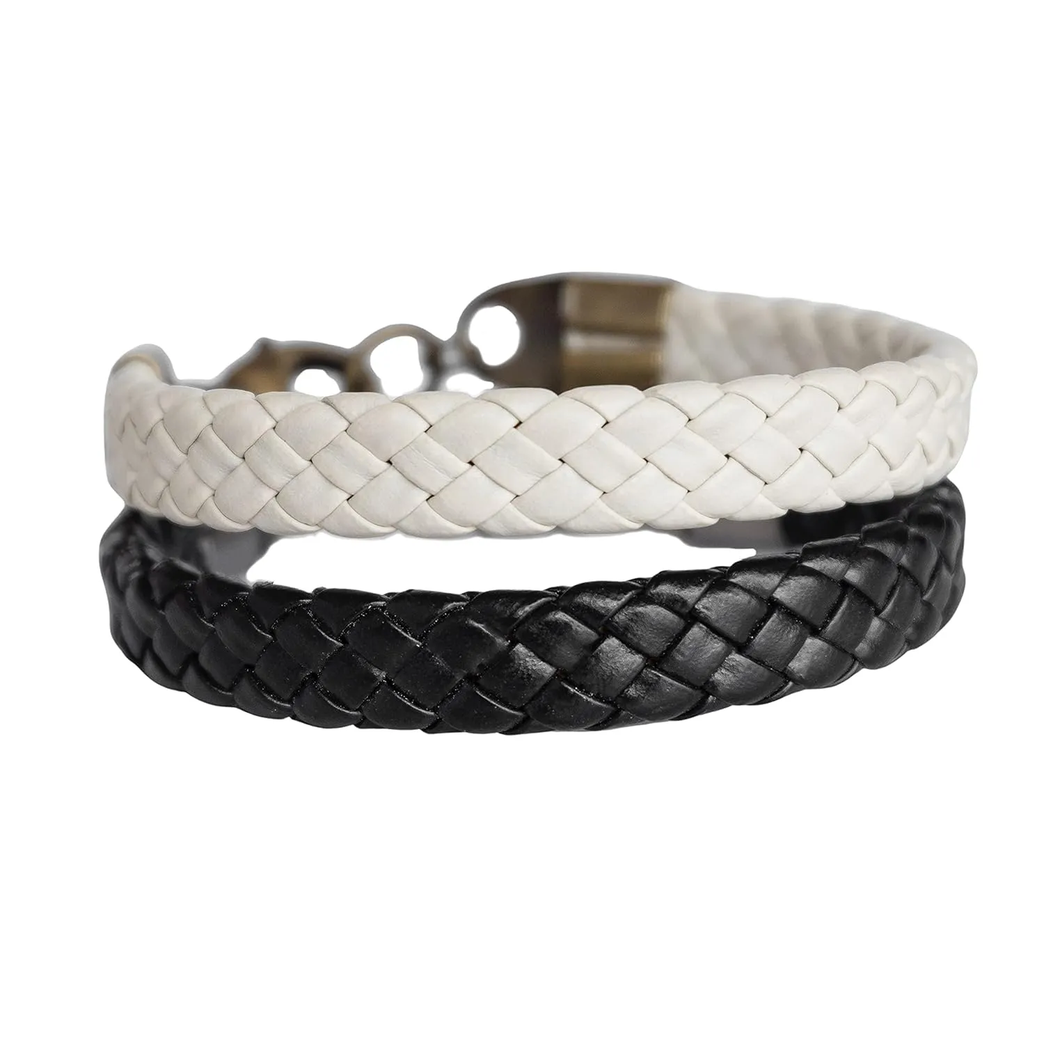 Men's Bracelet Set, 2pc Wide Stack Braided Black and White Vegan Faux Leather Bracelets for Man, Minimalist Boho Hippie Jewelry for Guys by Magoo