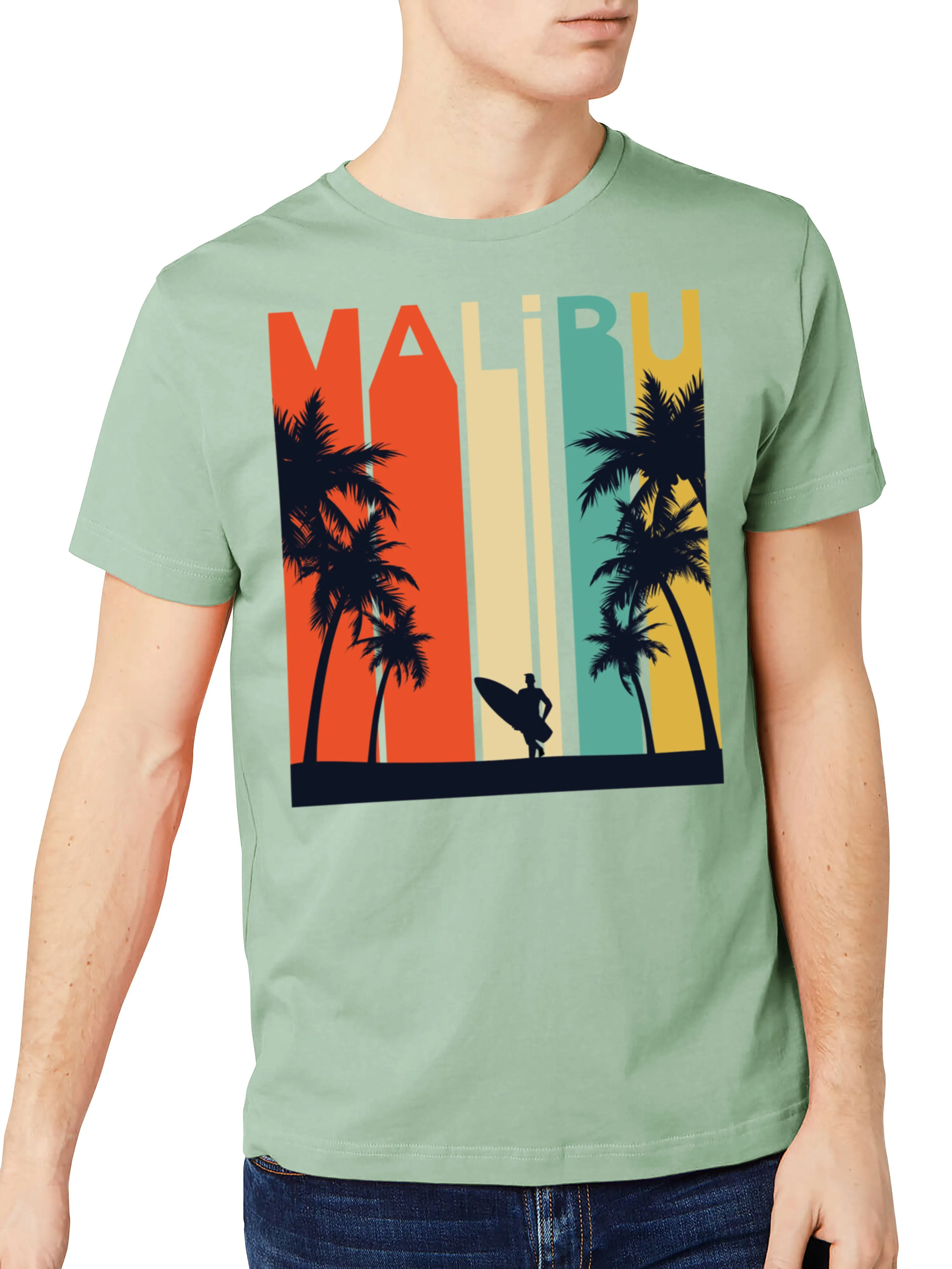 Mens California Malibu Beach Graphic Print Crew Neck T Shirt