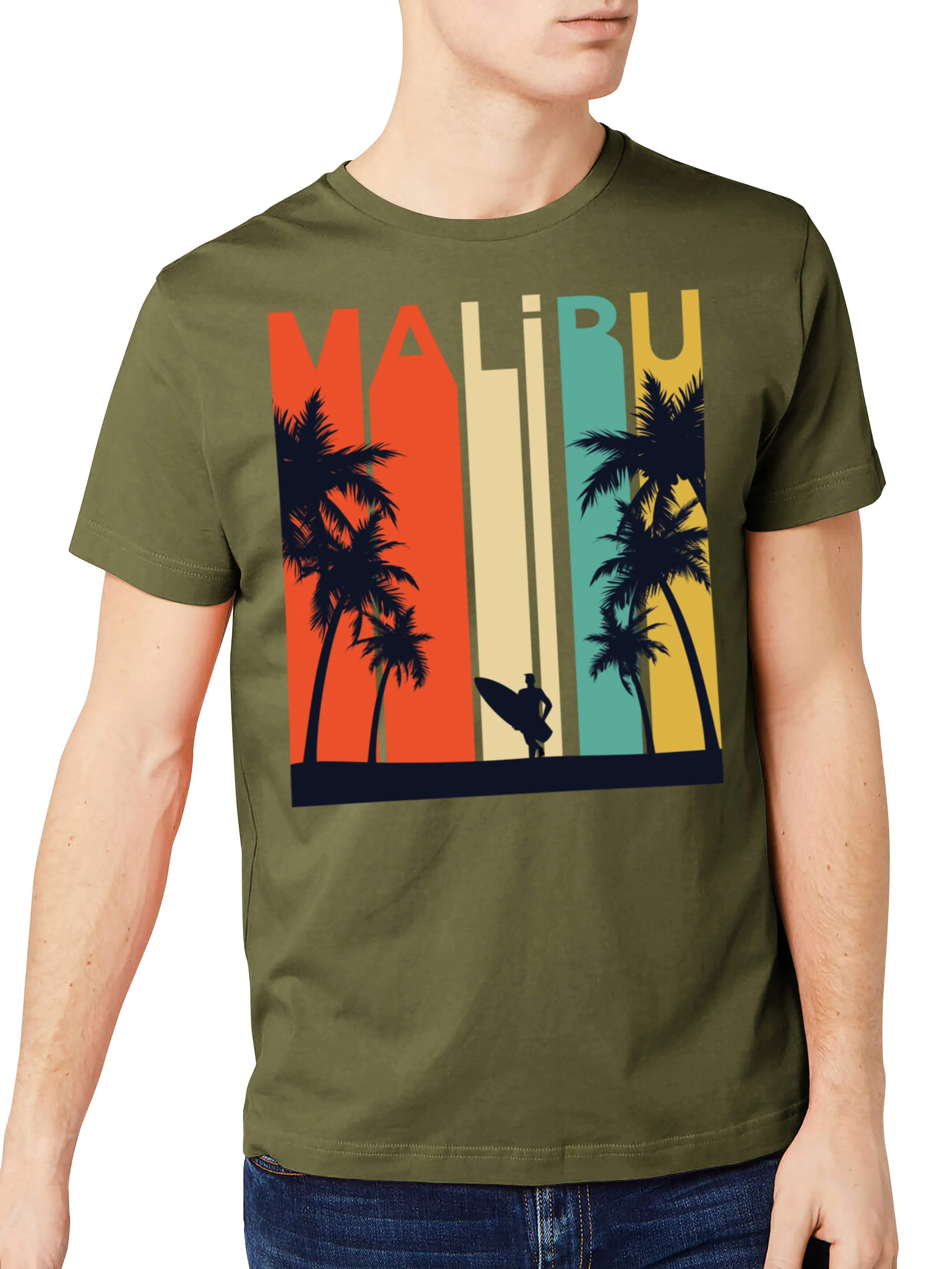 Mens California Malibu Beach Graphic Print Crew Neck T Shirt
