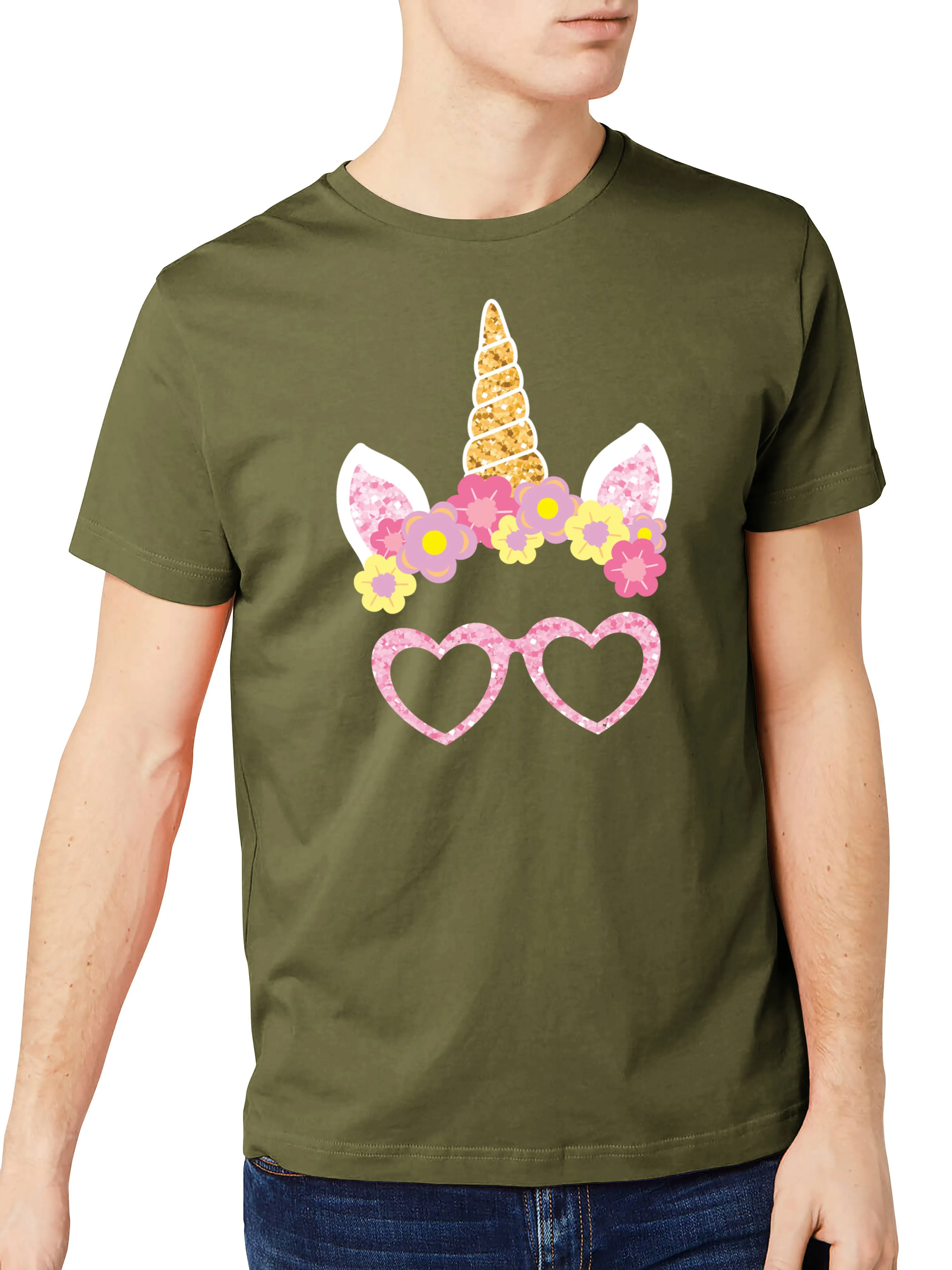 Mens Pink Unicorn Glasses Graphic Print Crew Neck T Shirt