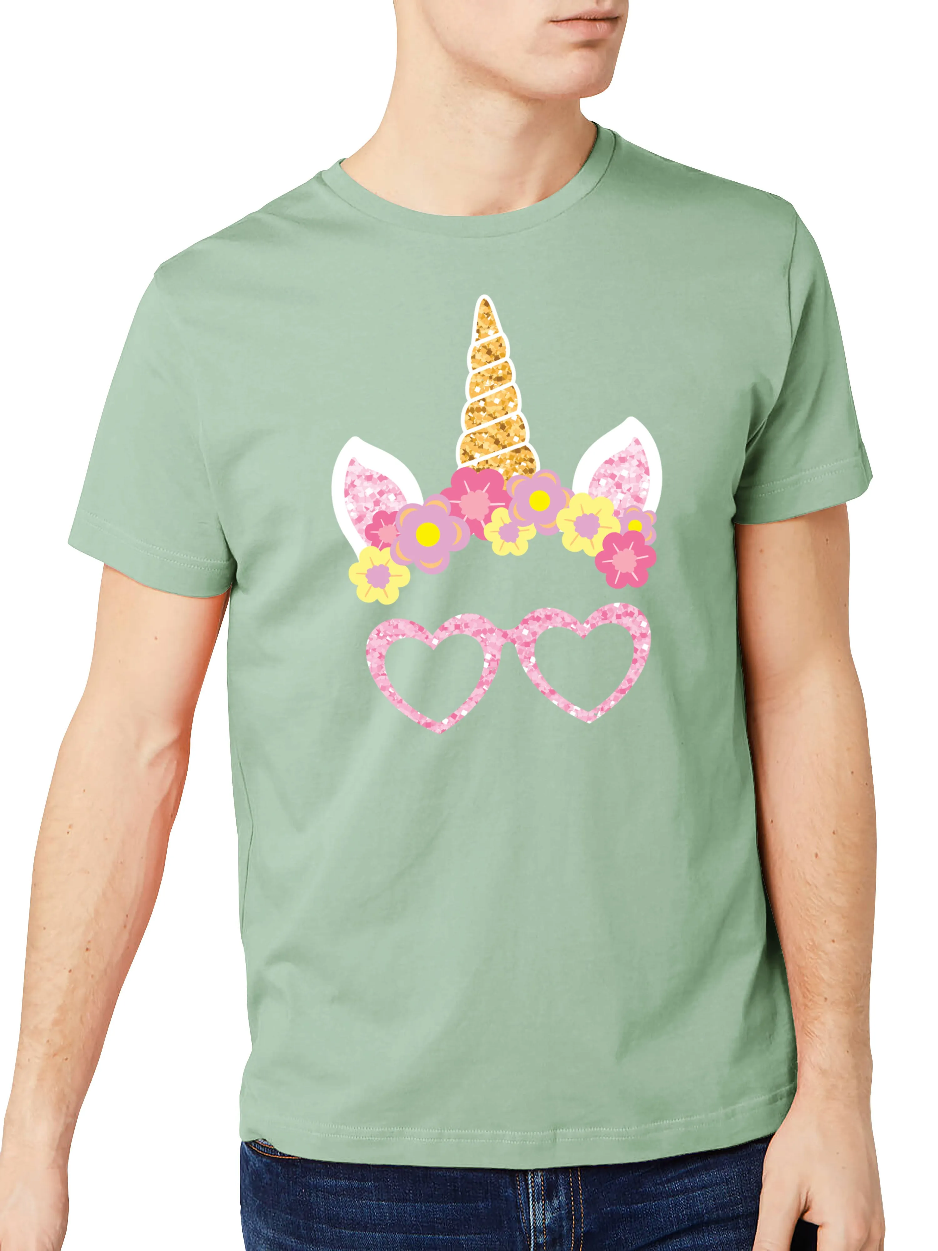 Mens Pink Unicorn Glasses Graphic Print Crew Neck T Shirt