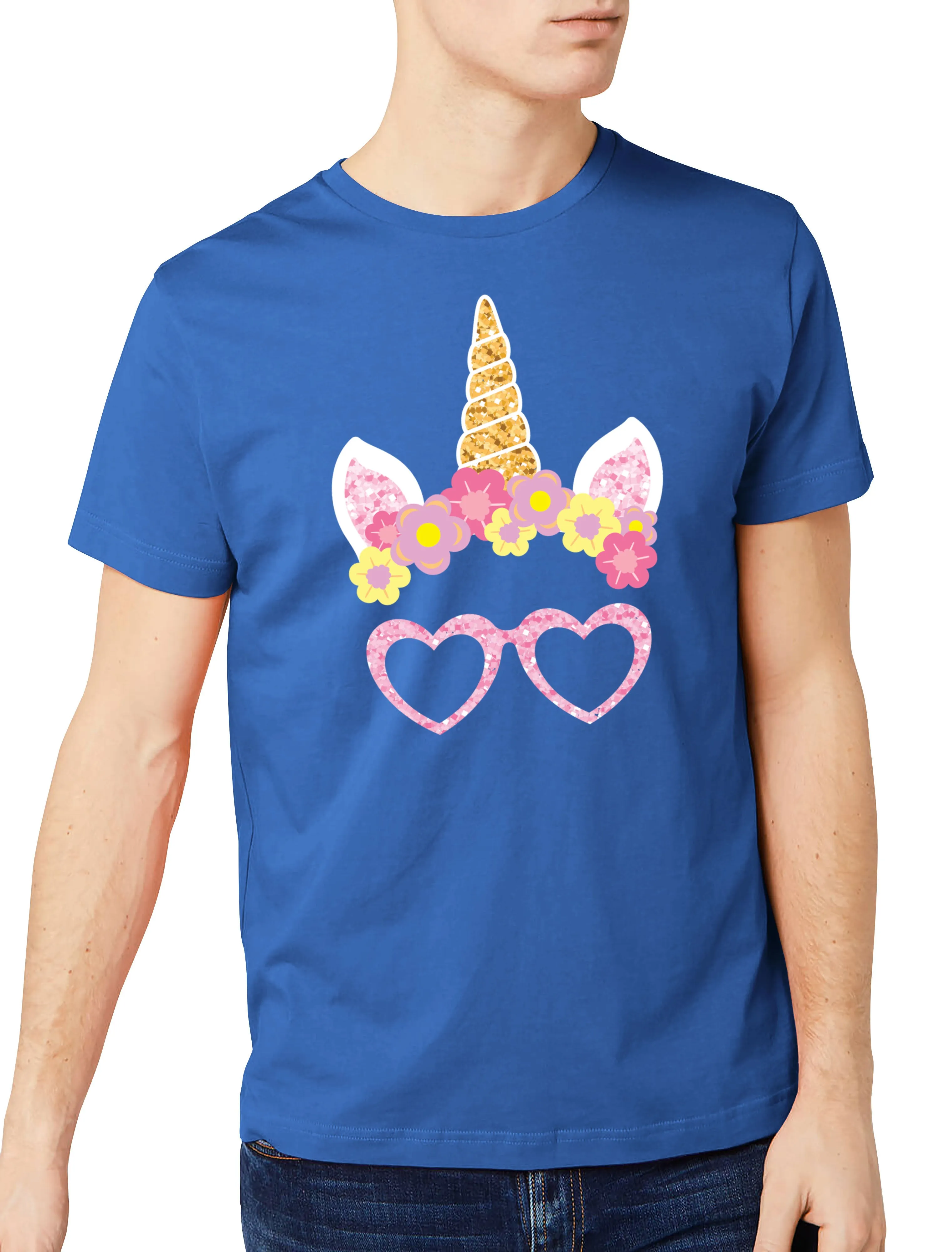 Mens Pink Unicorn Glasses Graphic Print Crew Neck T Shirt