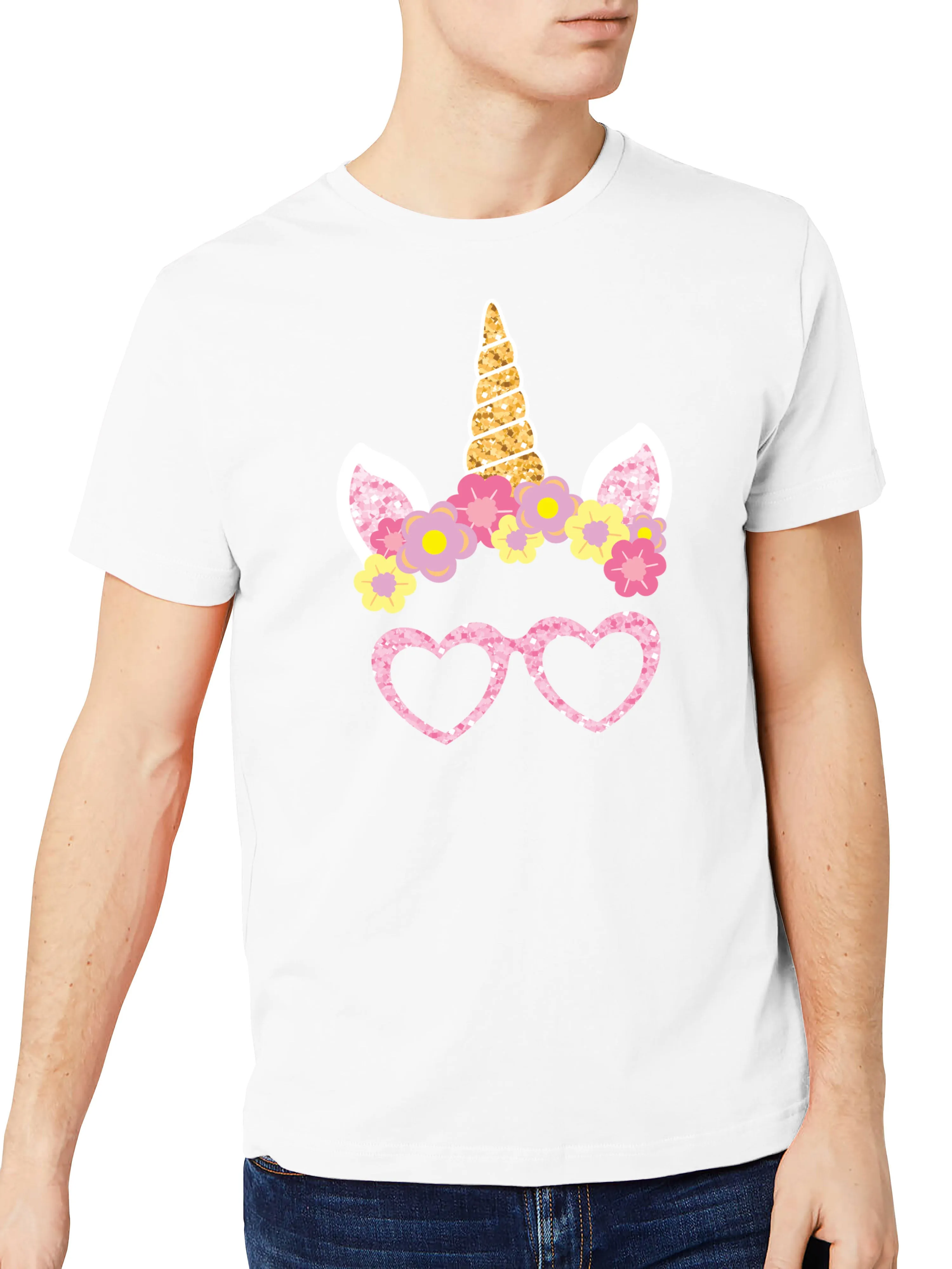 Mens Pink Unicorn Glasses Graphic Print Crew Neck T Shirt