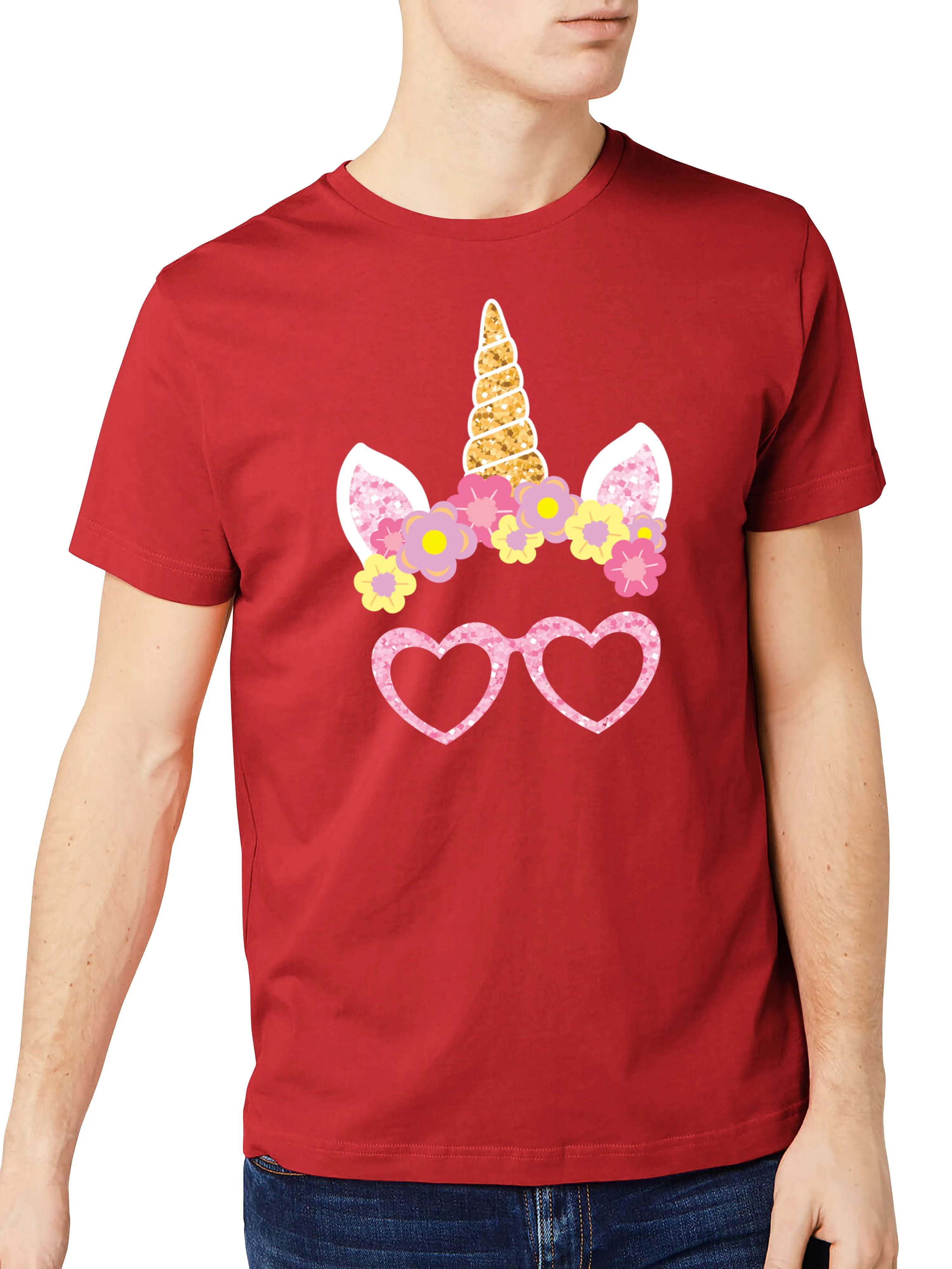 Mens Pink Unicorn Glasses Graphic Print Crew Neck T Shirt