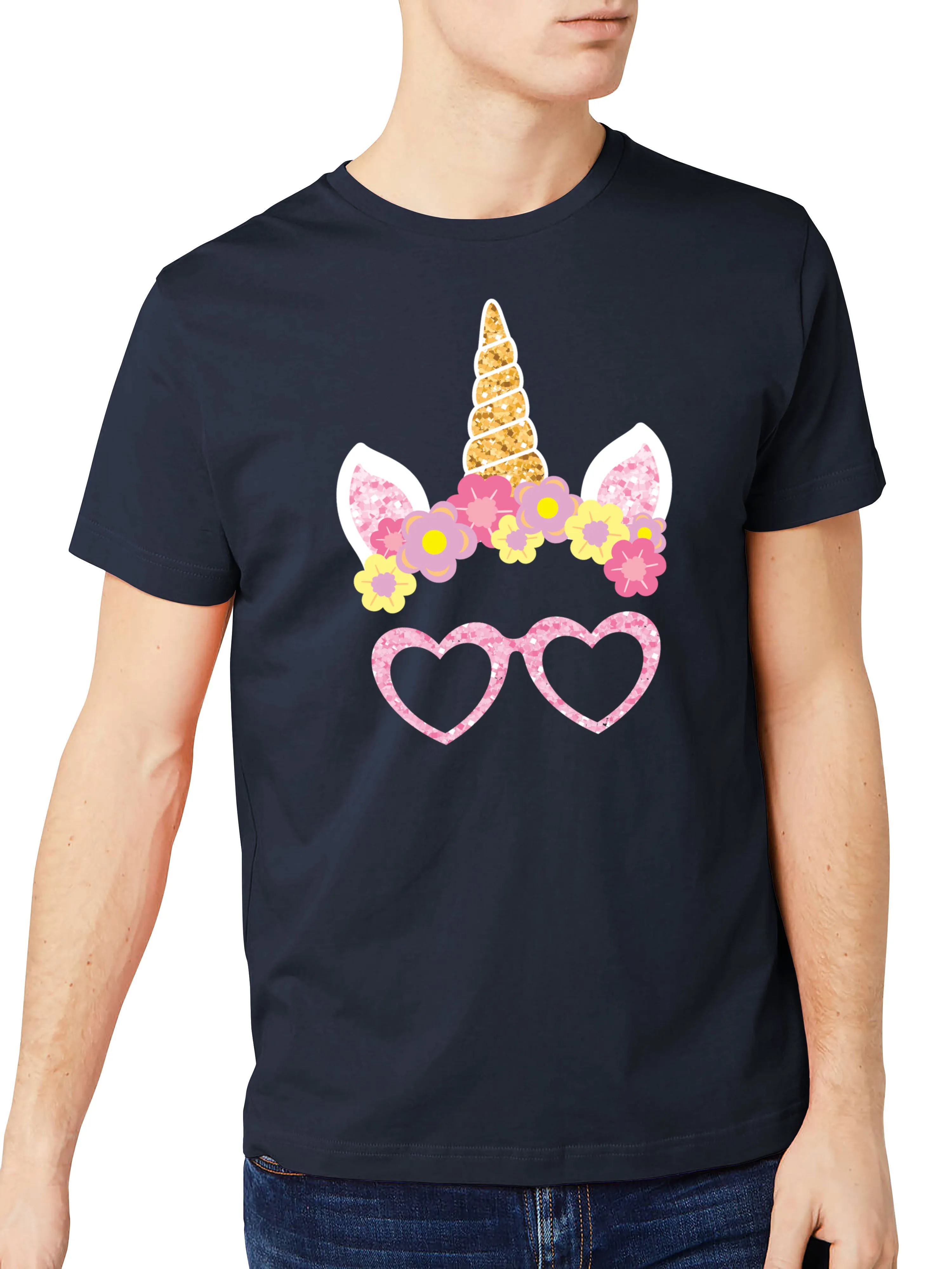 Mens Pink Unicorn Glasses Graphic Print Crew Neck T Shirt