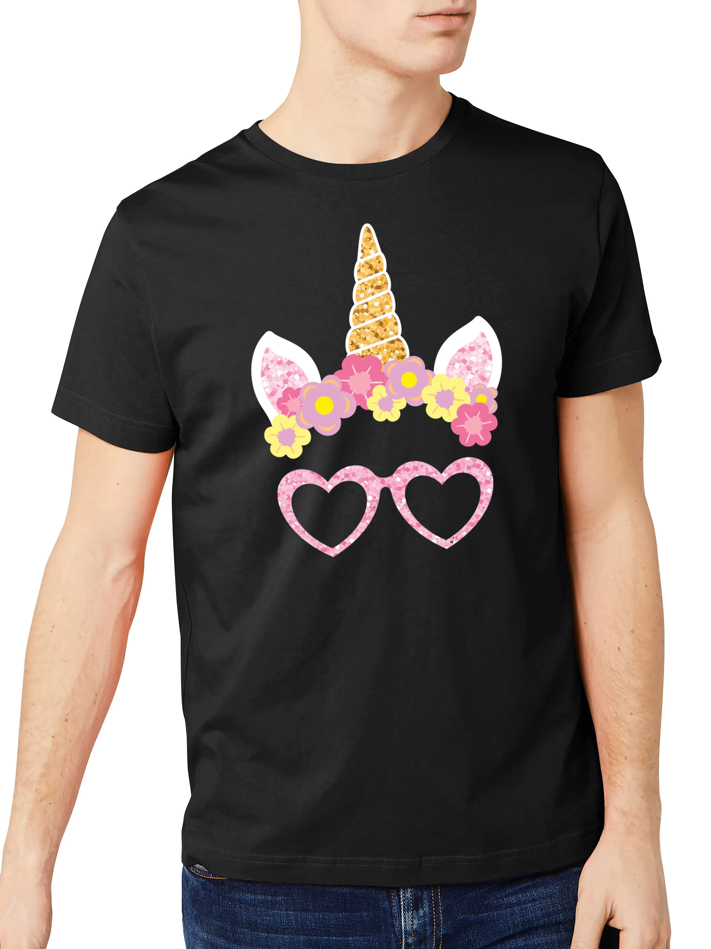 Mens Pink Unicorn Glasses Graphic Print Crew Neck T Shirt