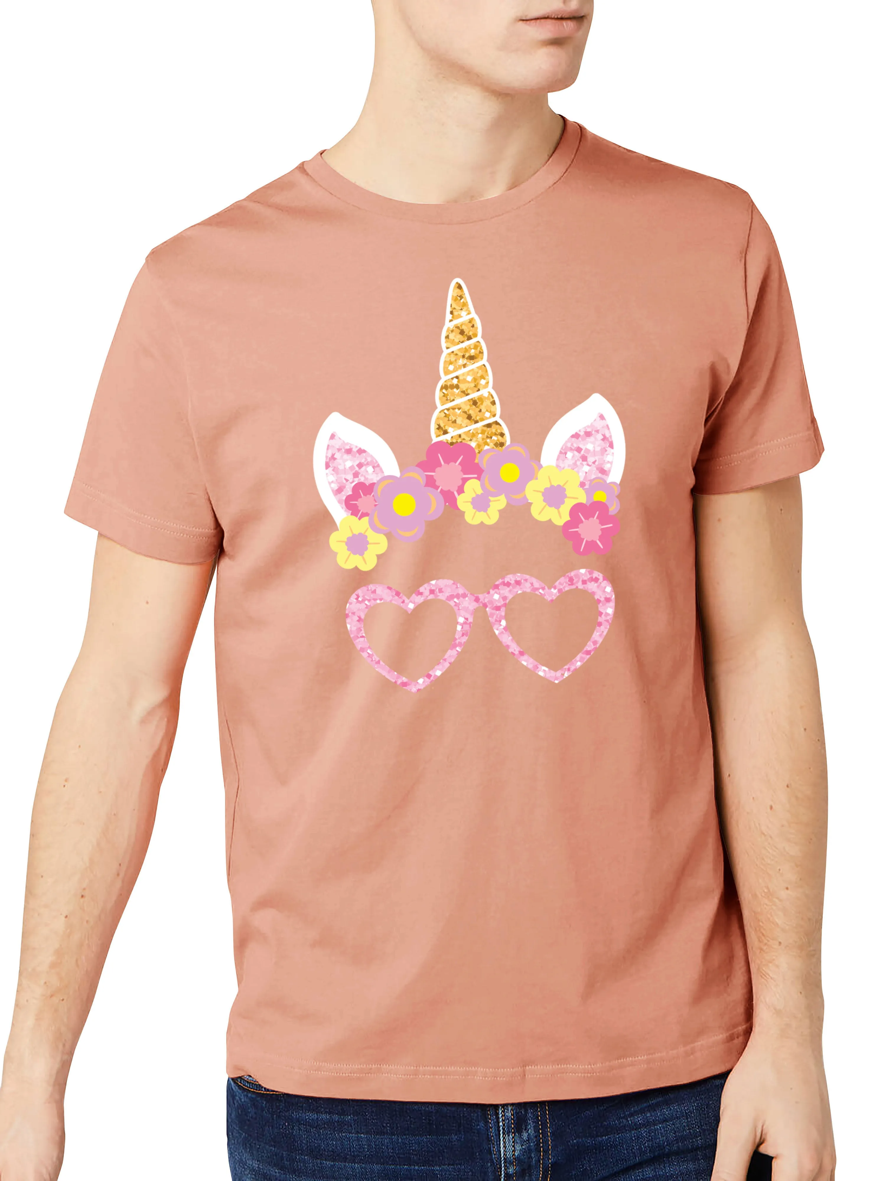 Mens Pink Unicorn Glasses Graphic Print Crew Neck T Shirt