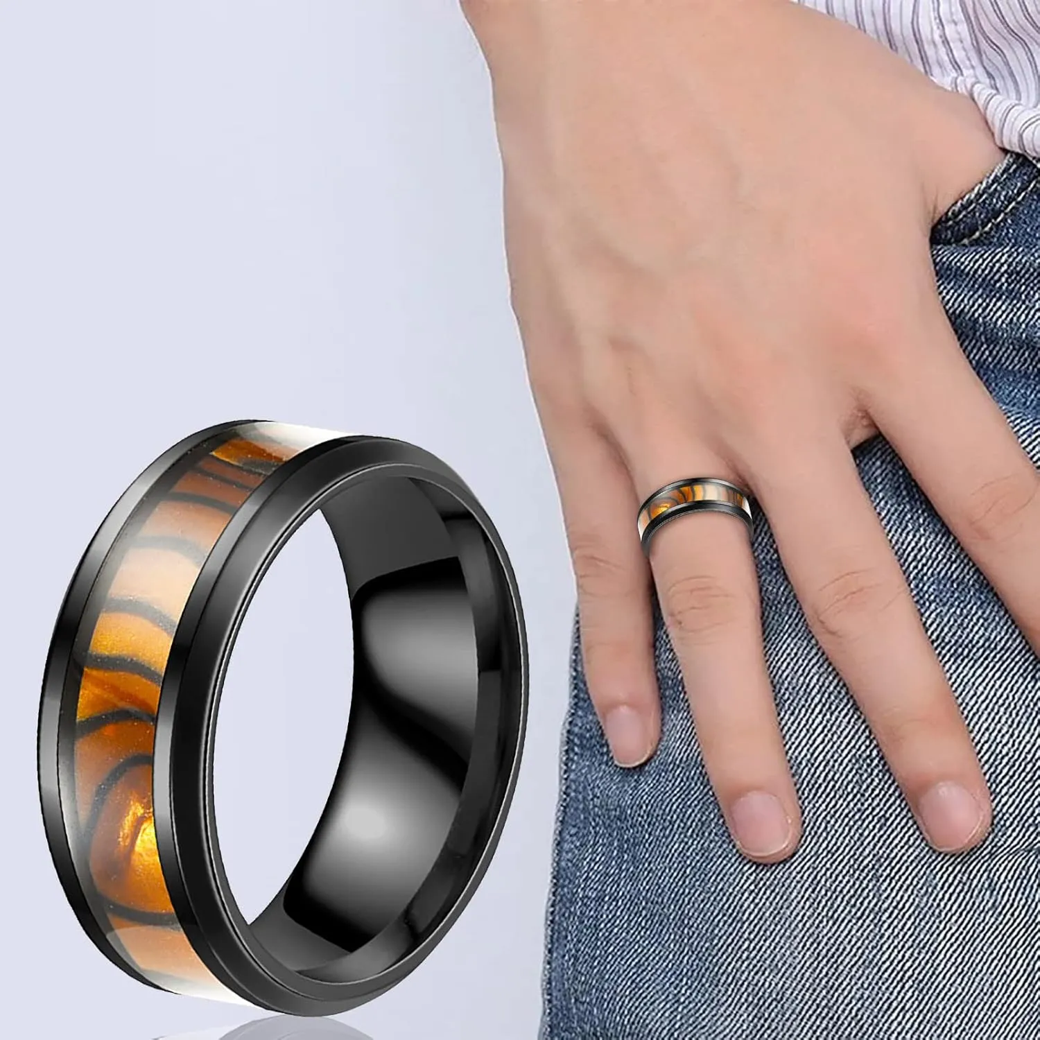 Mens Polished Finish Cocktail Party Wedding Ring Comfort Fit Wedding Band with Blue/Black Inlay Tungsten Rings