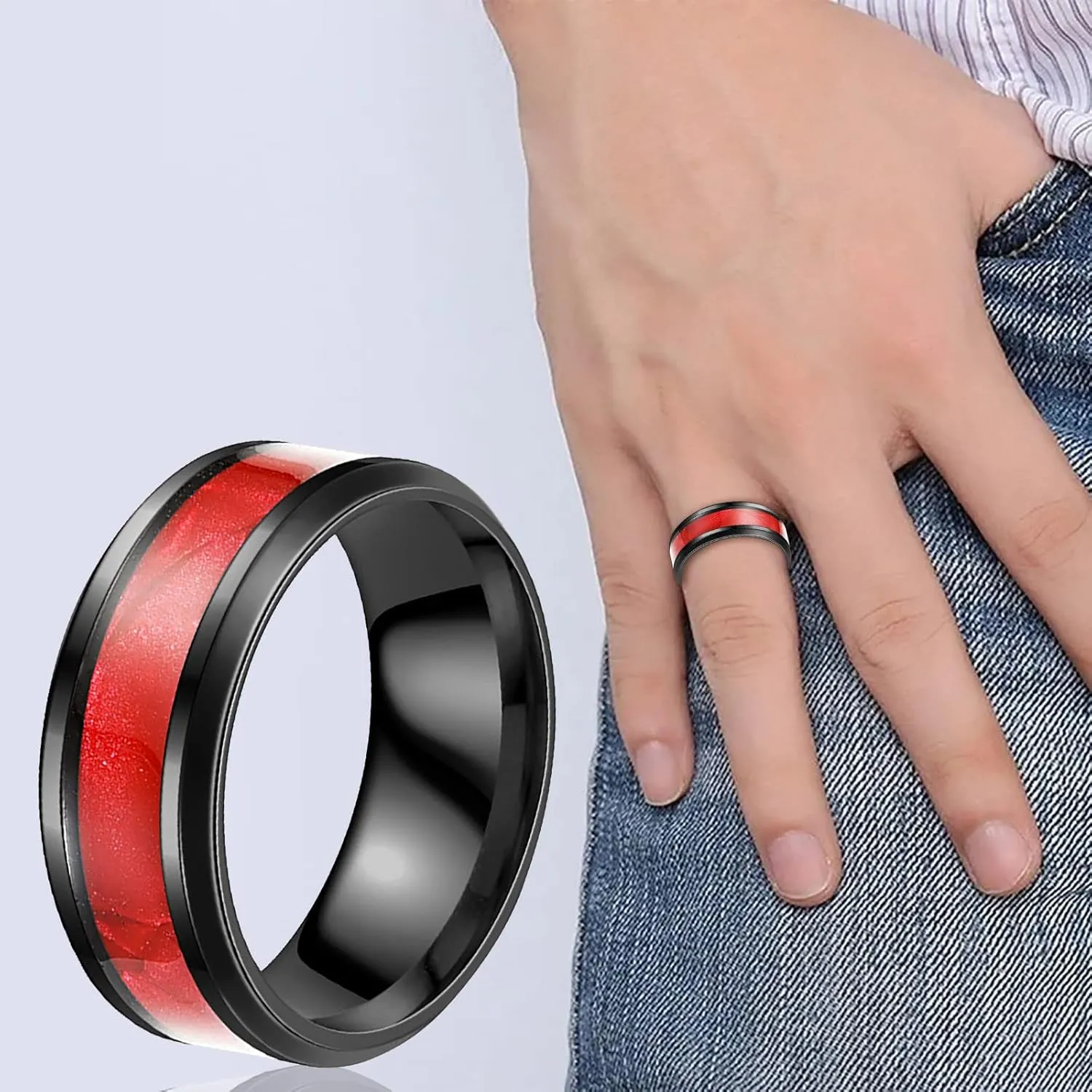 Mens Polished Finish Cocktail Party Wedding Ring Comfort Fit Wedding Band with Blue/Black Inlay Tungsten Rings