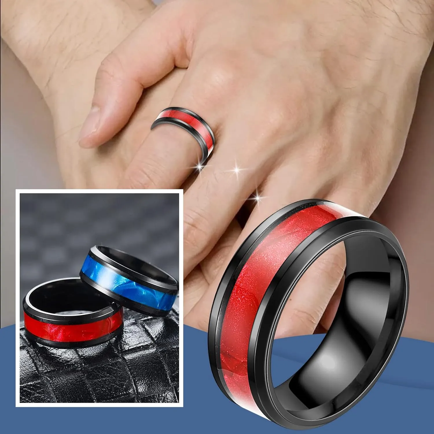 Mens Polished Finish Cocktail Party Wedding Ring Comfort Fit Wedding Band with Blue/Black Inlay Tungsten Rings