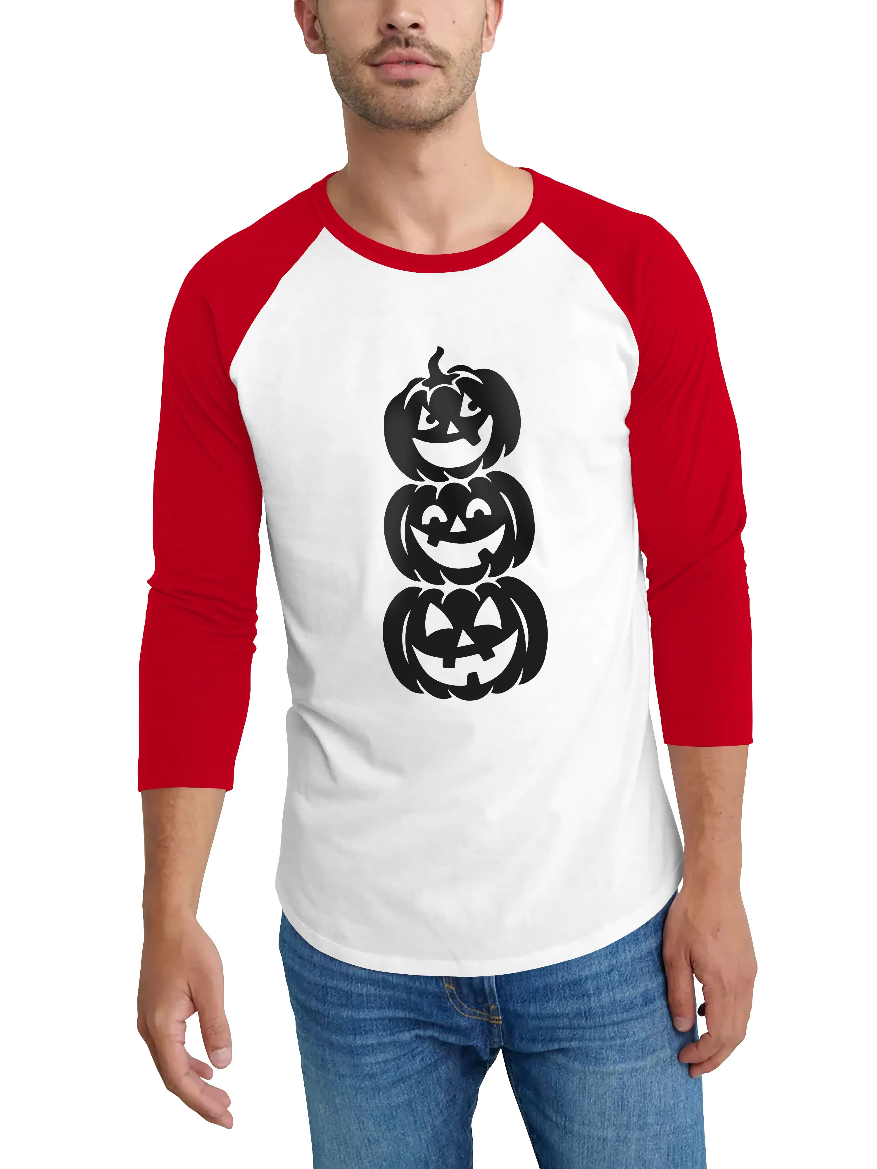 Mens Raglan Graphic Print 3-Stack Jack-O-Lanterns T Shirt
