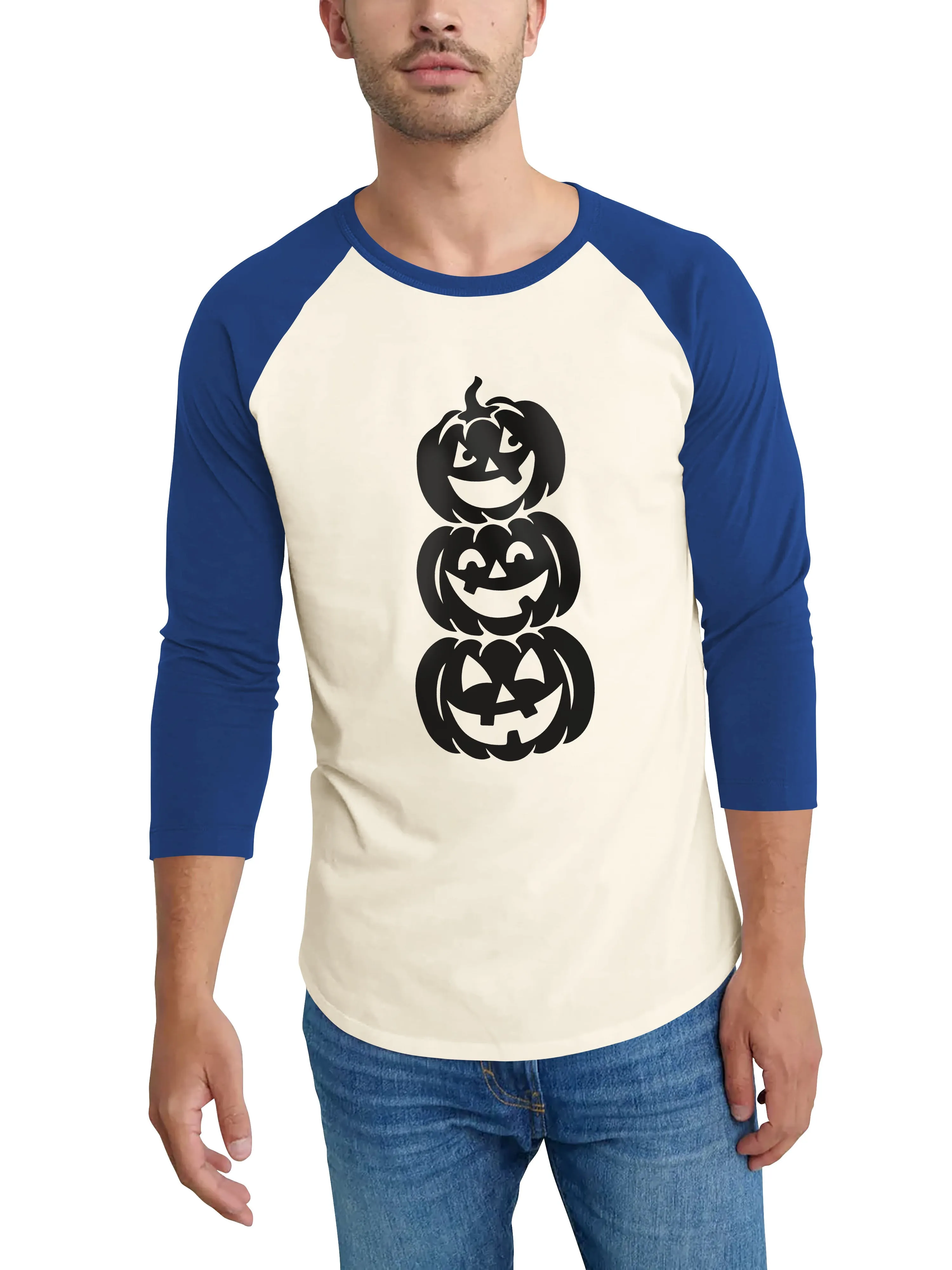 Mens Raglan Graphic Print 3-Stack Jack-O-Lanterns T Shirt