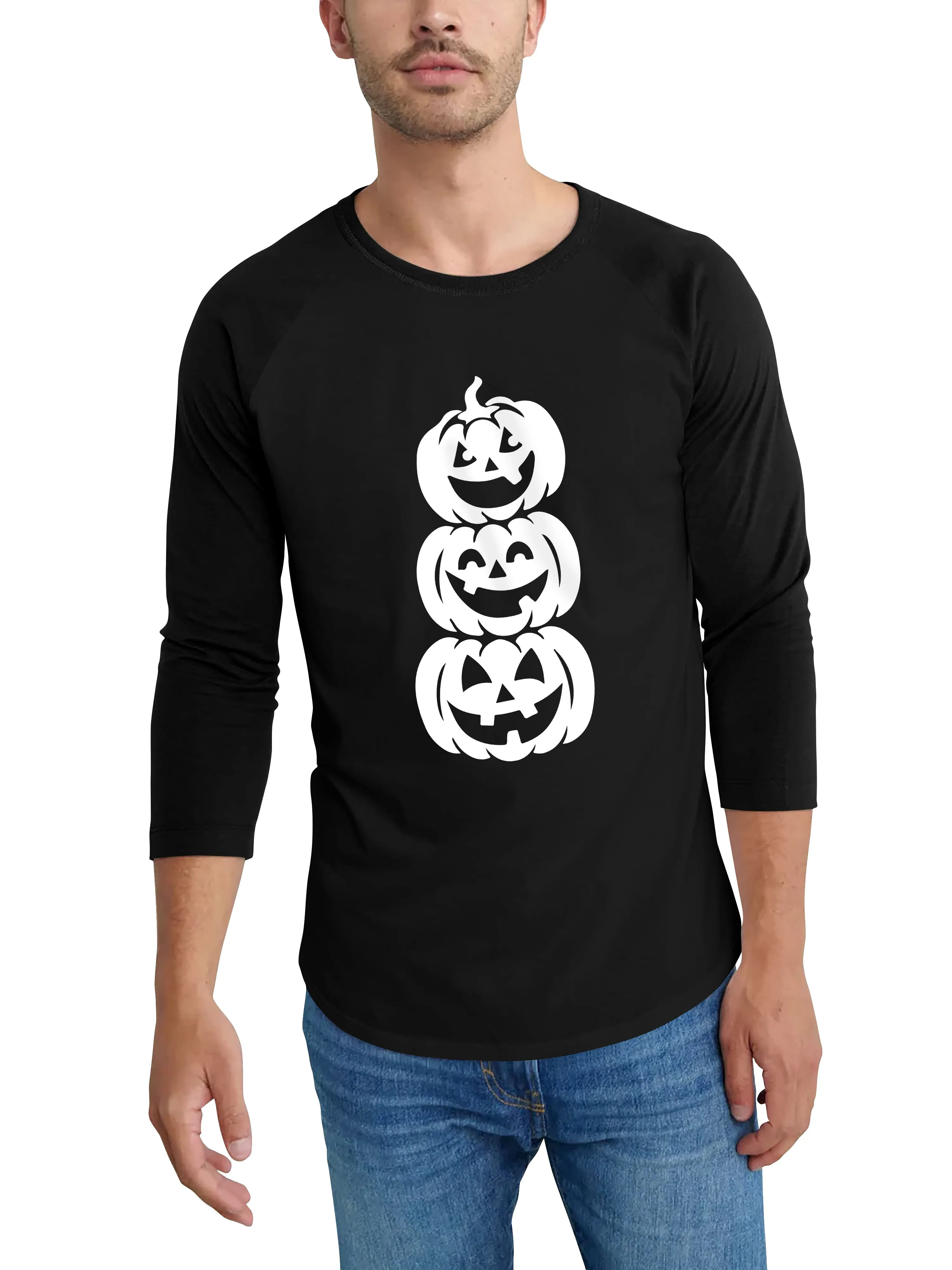 Mens Raglan Graphic Print 3-Stack Jack-O-Lanterns T Shirt