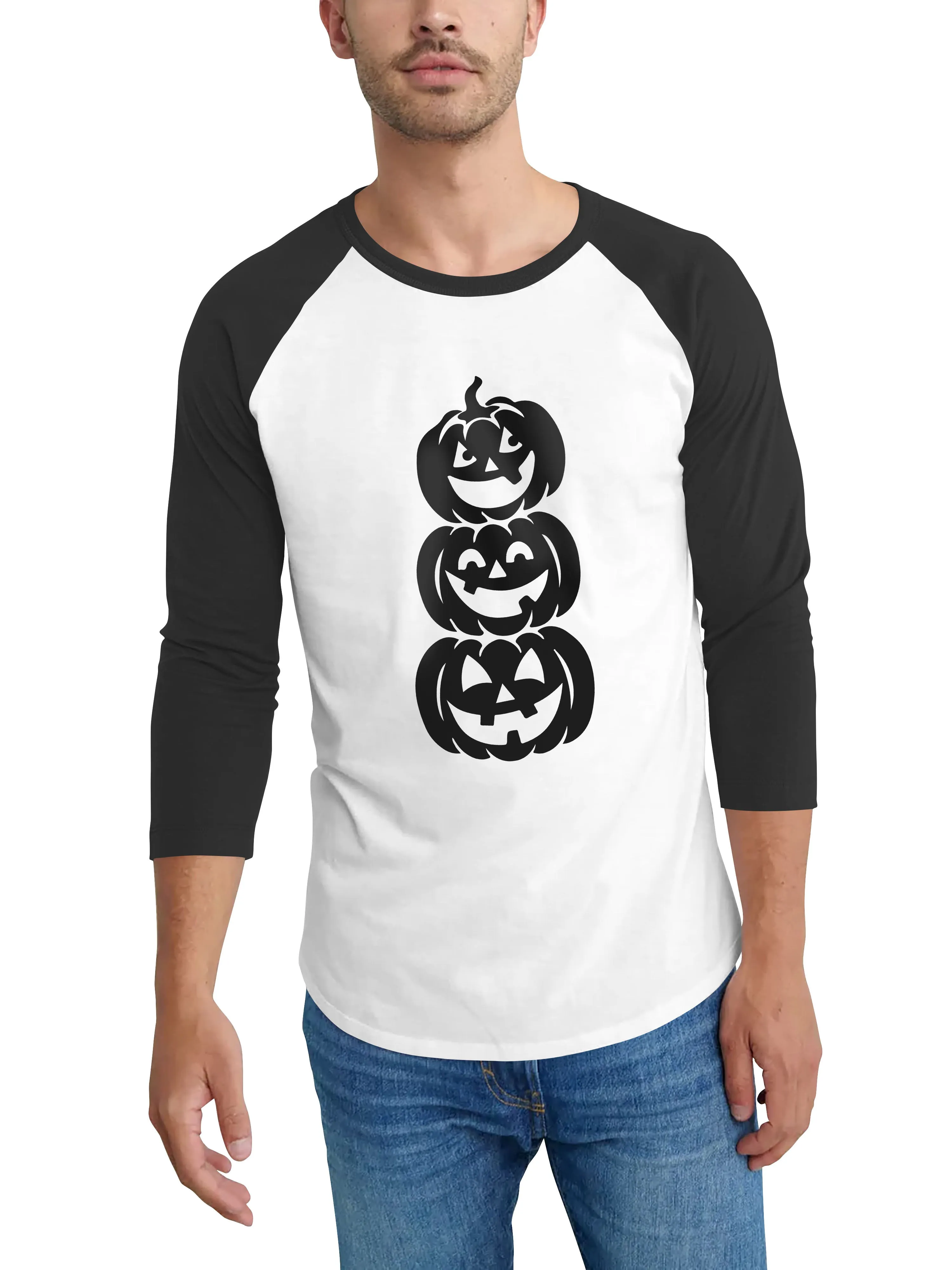 Mens Raglan Graphic Print 3-Stack Jack-O-Lanterns T Shirt