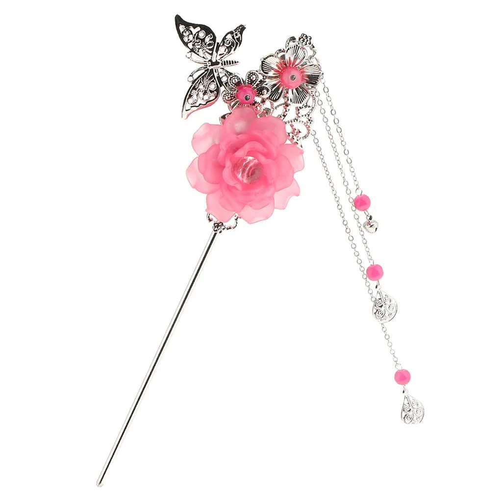 Metal Silver Charm Three Pendants Tassel Stick Tassel Hairpin Dark Pink