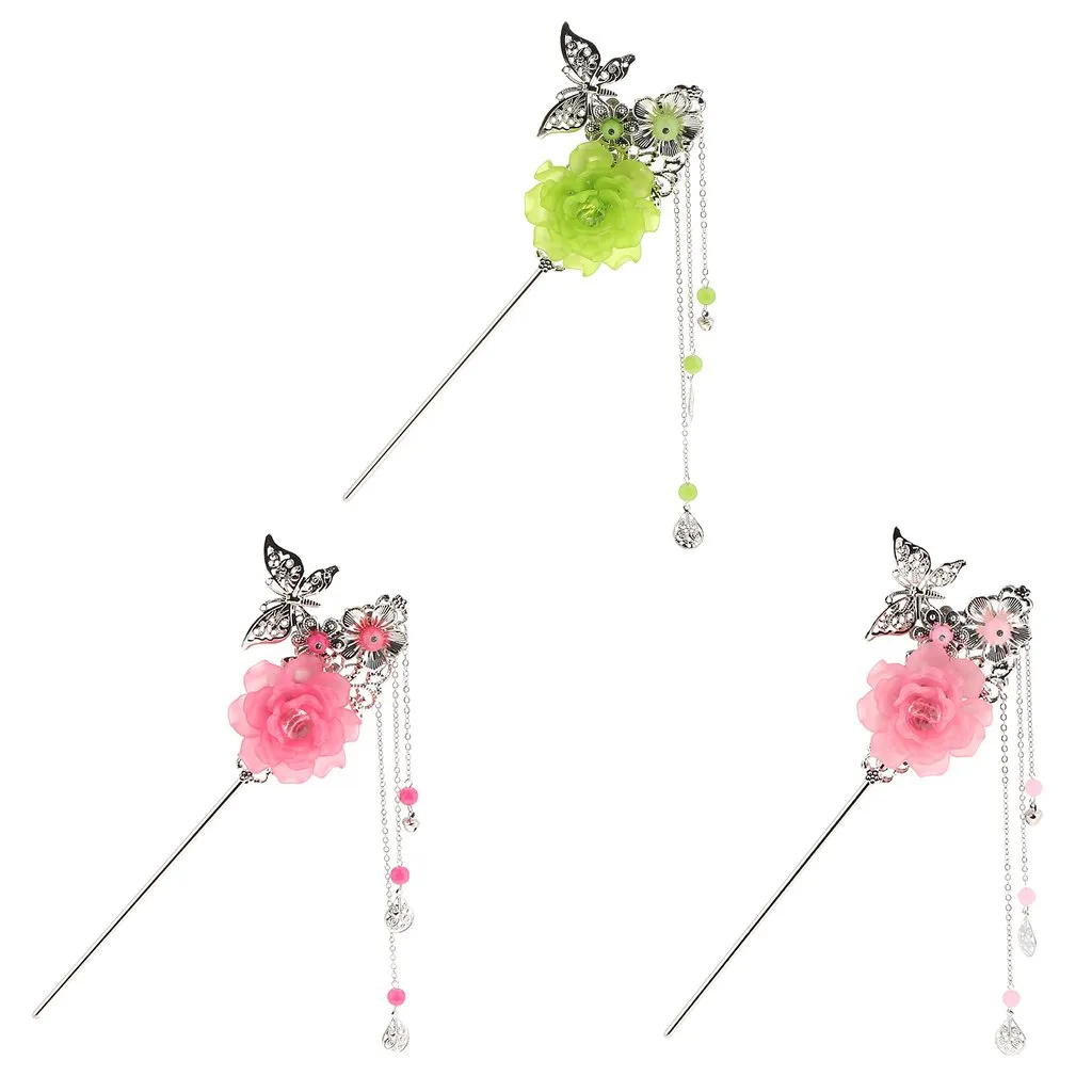 Metal Silver Charm Three Pendants Tassel Stick Tassel Hairpin Dark Pink