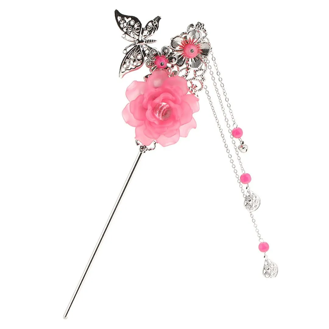 Metal Silver Charm Three Pendants Tassel Stick Tassel Hairpin Dark Pink