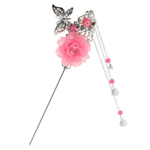 Metal Silver Charm Three Pendants Tassel Stick Tassel Hairpin Dark Pink