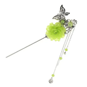 Metal Silver Charm Three Pendants Tassel Stick Tassel Hairpin green